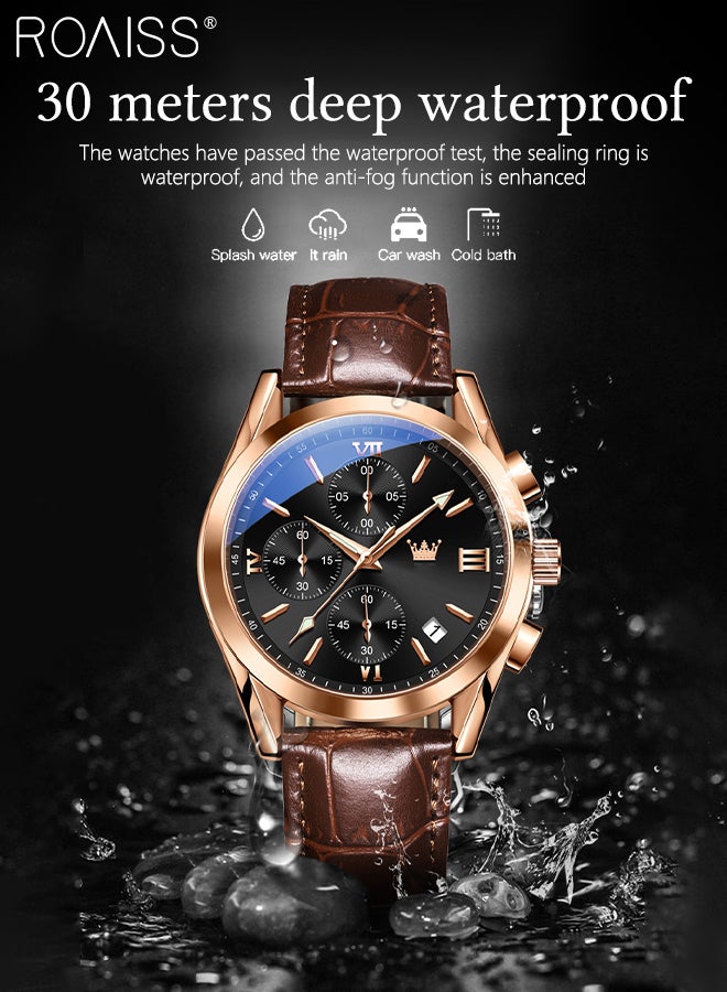 Men's Leather Strap Chronograph Quartz Watch Round Black Dial with Rose Gold Bezel Waterproof Luminous Wristwatch as Gift for Men