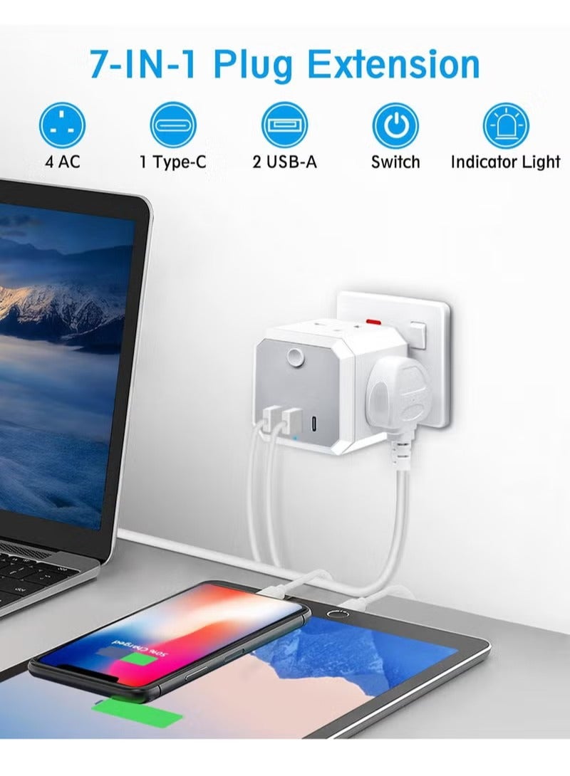 Plug Adapter with 3 USB, 4 Way Multi Plug Extension USB C Wall Socket Adaptor, 13A Cube Multiplug Switched Power Extender for Home, Office, Kitchen