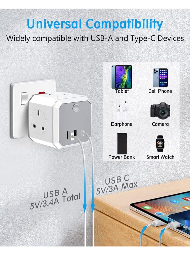 Plug Adapter with 3 USB, 4 Way Multi Plug Extension USB C Wall Socket Adaptor, 13A Cube Multiplug Switched Power Extender for Home, Office, Kitchen