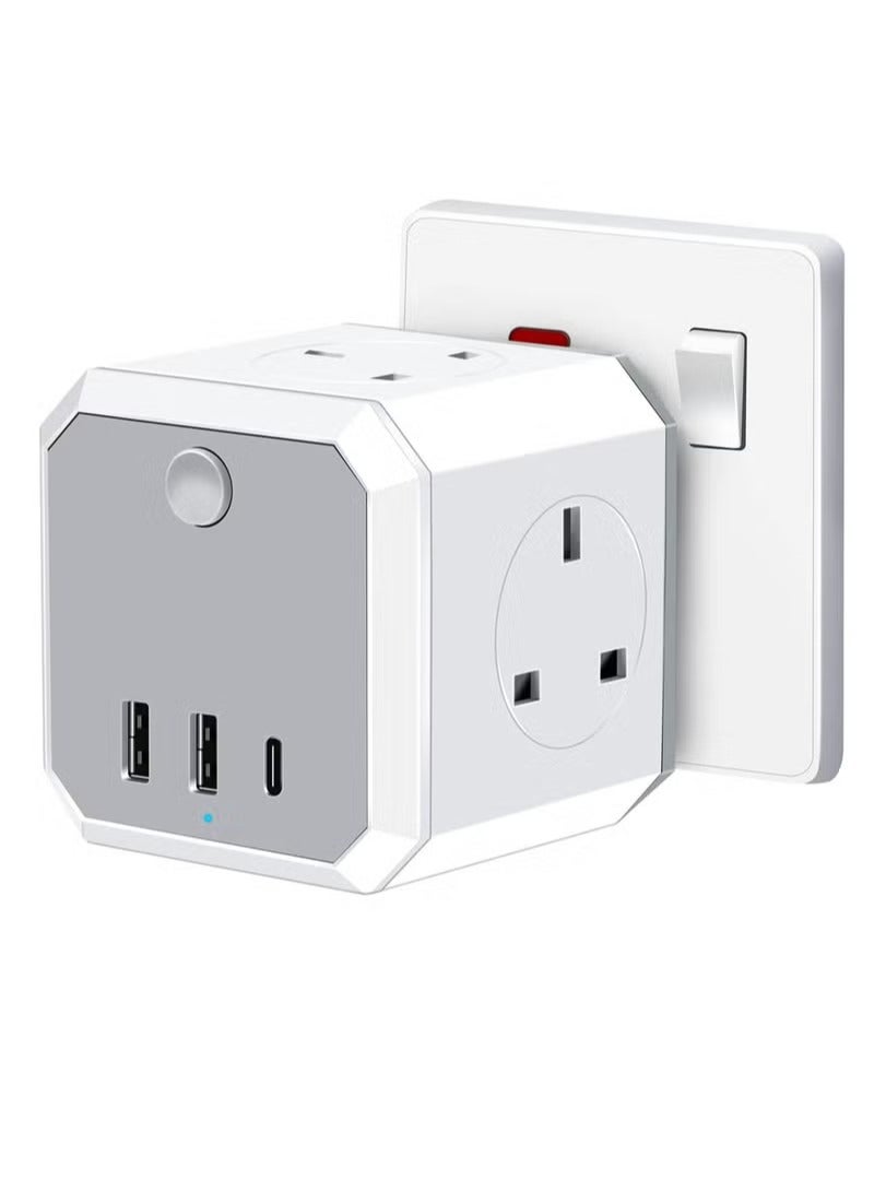 Plug Adapter with 3 USB, 4 Way Multi Plug Extension USB C Wall Socket Adaptor, 13A Cube Multiplug Switched Power Extender for Home, Office, Kitchen