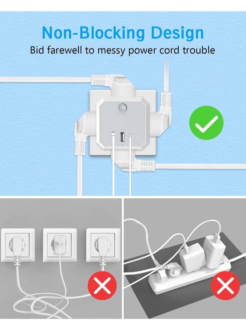 Plug Adapter with 3 USB, 4 Way Multi Plug Extension USB C Wall Socket Adaptor, 13A Cube Multiplug Switched Power Extender for Home, Office, Kitchen