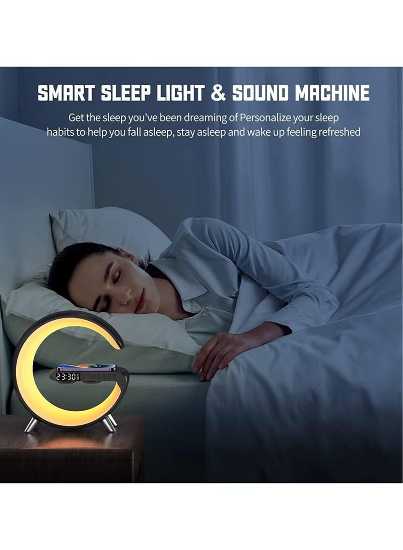 Smart Bluetooth Speaker Wireless Phone Charger LED Light, Multifunctional RGB Night Light and Charging Station, Smart Sounder Alarm Clock for Bedroom Smart Desk Lamp Control with App