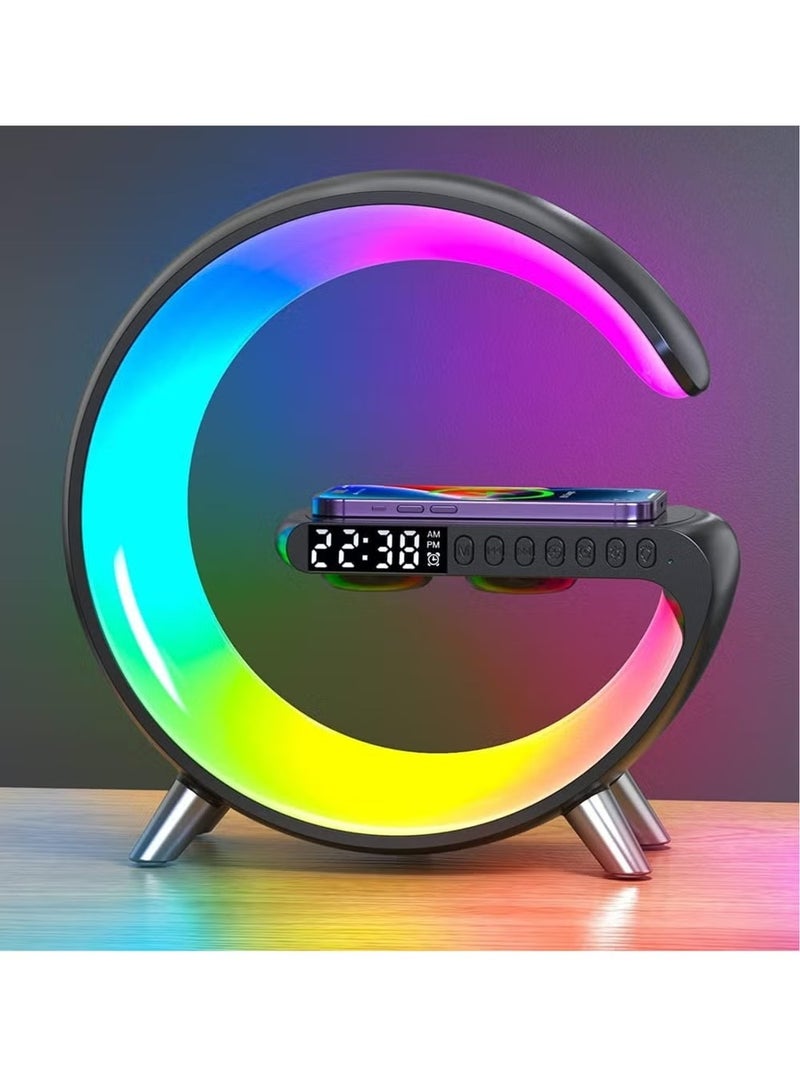 Smart Bluetooth Speaker Wireless Phone Charger LED Light, Multifunctional RGB Night Light and Charging Station, Smart Sounder Alarm Clock for Bedroom Smart Desk Lamp Control with App