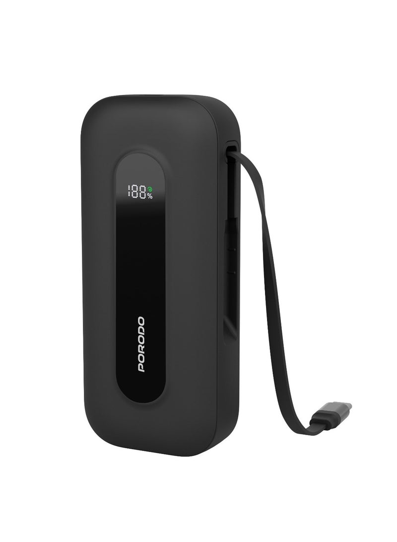 10000mAh Power Bank 58cm Retractable Cable Type-C Input & Output / PD 22.5W / Always on Display / Simultaneous Charging / Quick Charge Function / Multi-Port Output - Black