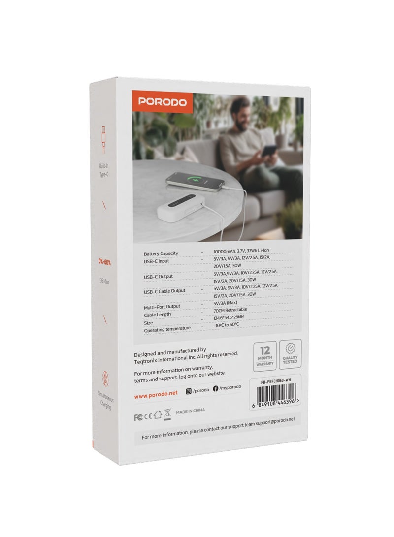 10000mAh Power Bank 58cm Retractable Cable Type-C Input & Output / PD 22.5W / Always on Display / Simultaneous Charging / Quick Charge Function / Multi-Port Output - White