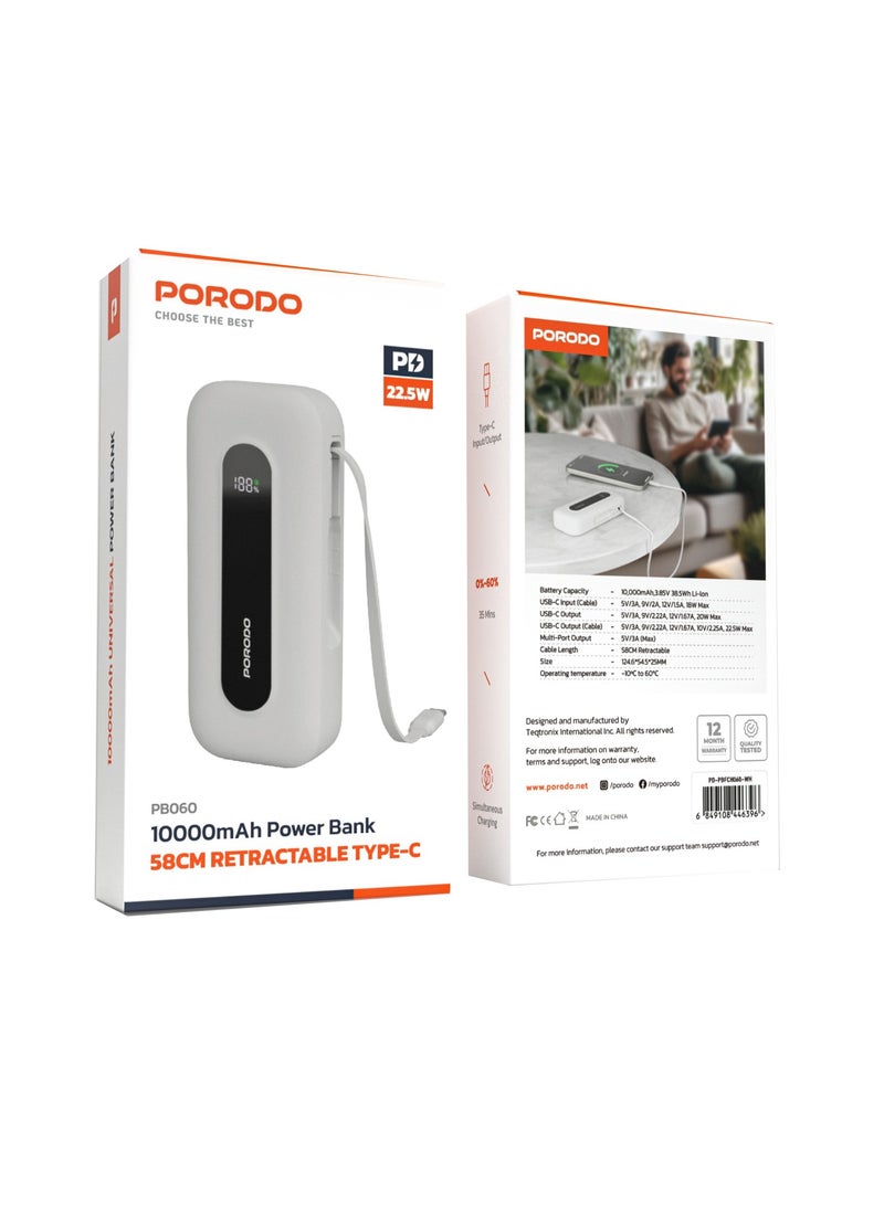 10000mAh Power Bank 58cm Retractable Cable Type-C Input & Output / PD 22.5W / Always on Display / Simultaneous Charging / Quick Charge Function / Multi-Port Output - White