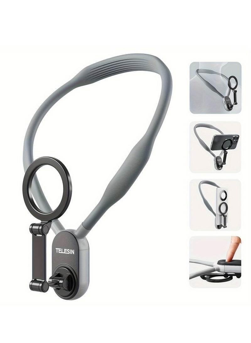 Magnetic Neck Mount for Phones, Cell Phone Holder Stand Hanging on Neck POV/Vlog Selfie Hand Free Necklace Phone Strap Video Recording for iPhone 15 14 13 12 Series Android Phones (grey)