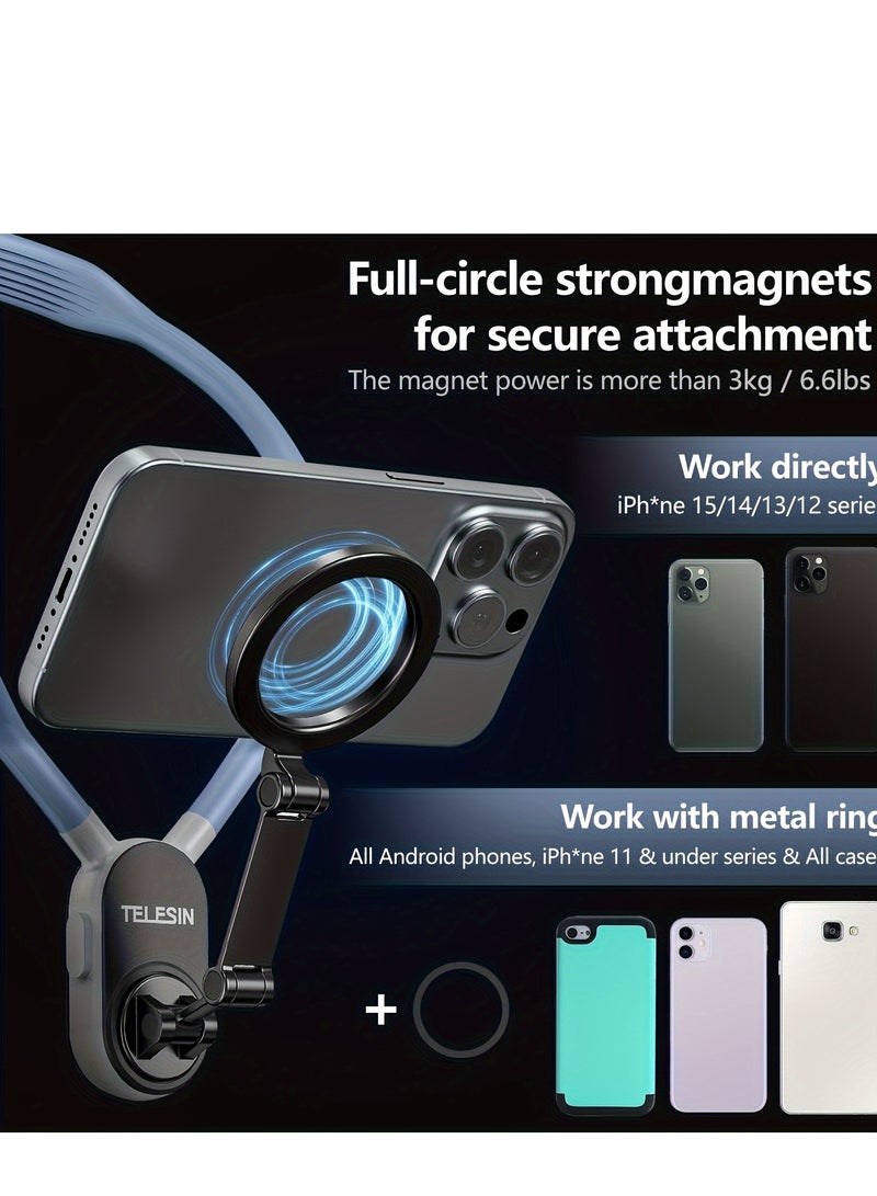 Magnetic Neck Mount for Phones, Cell Phone Holder Stand Hanging on Neck POV/Vlog Selfie Hand Free Necklace Phone Strap Video Recording for iPhone 15 14 13 12 Series Android Phones (grey)