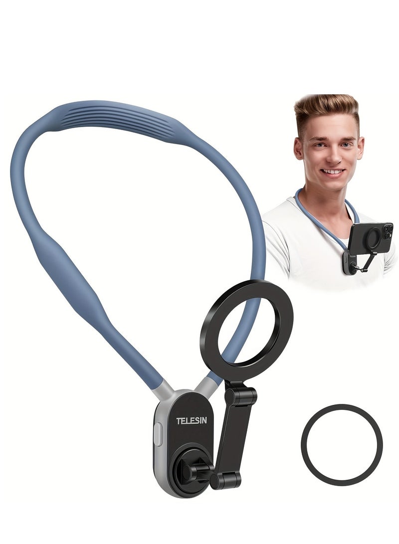 Magnetic Neck Mount for Phones, Cell Phone Holder Stand Hanging on Neck POV/Vlog Selfie Hand Free Necklace Phone Strap Video Recording for iPhone 15 14 13 12 Series Android Phones (Blue)