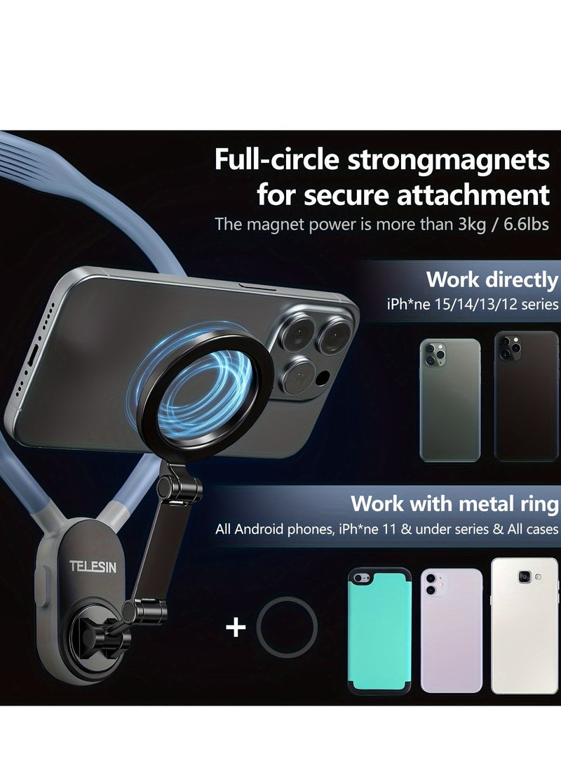 Magnetic Neck Mount for Phones, Cell Phone Holder Stand Hanging on Neck POV/Vlog Selfie Hand Free Necklace Phone Strap Video Recording for iPhone 15 14 13 12 Series Android Phones (Blue)