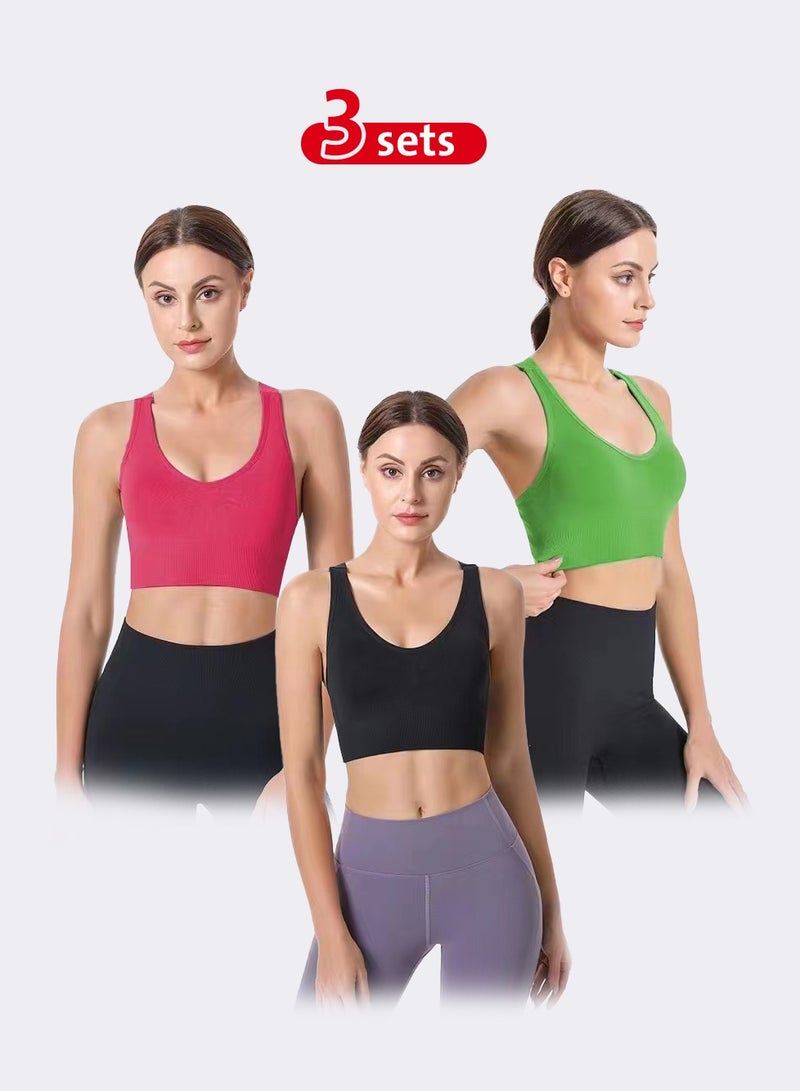 Set of 3 Sports Bras in Three Colors: Green, Pink, and Black