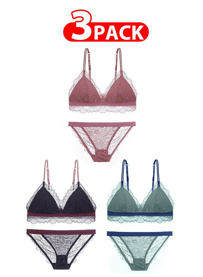 3 Packs For Women's Medium Size Bra and Panty Set Bra Lace Lash Floral Briefs Underwear Triangle Cup Young Girls Underwear Lingerie Bra and Panties Set Multicolour