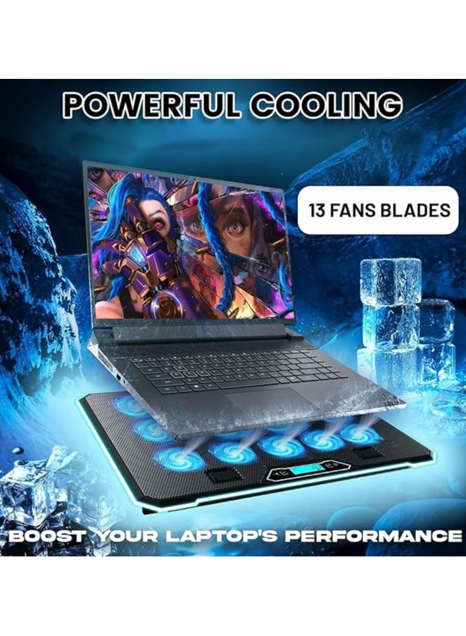 Laptop Cooling Pad Gaming Laptop Cooler, RGB Laptop Fan Cooling Stand with 13 Quiet Cooling Fans for 15.6-17.3 inch laptops, 9 Height Stand, LED Lights & LCD Screen, 2 USB Ports, Lap Desk Use