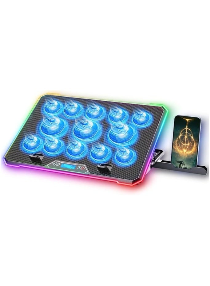 Laptop Cooling Pad Gaming Laptop Cooler, RGB Laptop Fan Cooling Stand with 13 Quiet Cooling Fans for 15.6-17.3 inch laptops, 9 Height Stand, LED Lights & LCD Screen, 2 USB Ports, Lap Desk Use