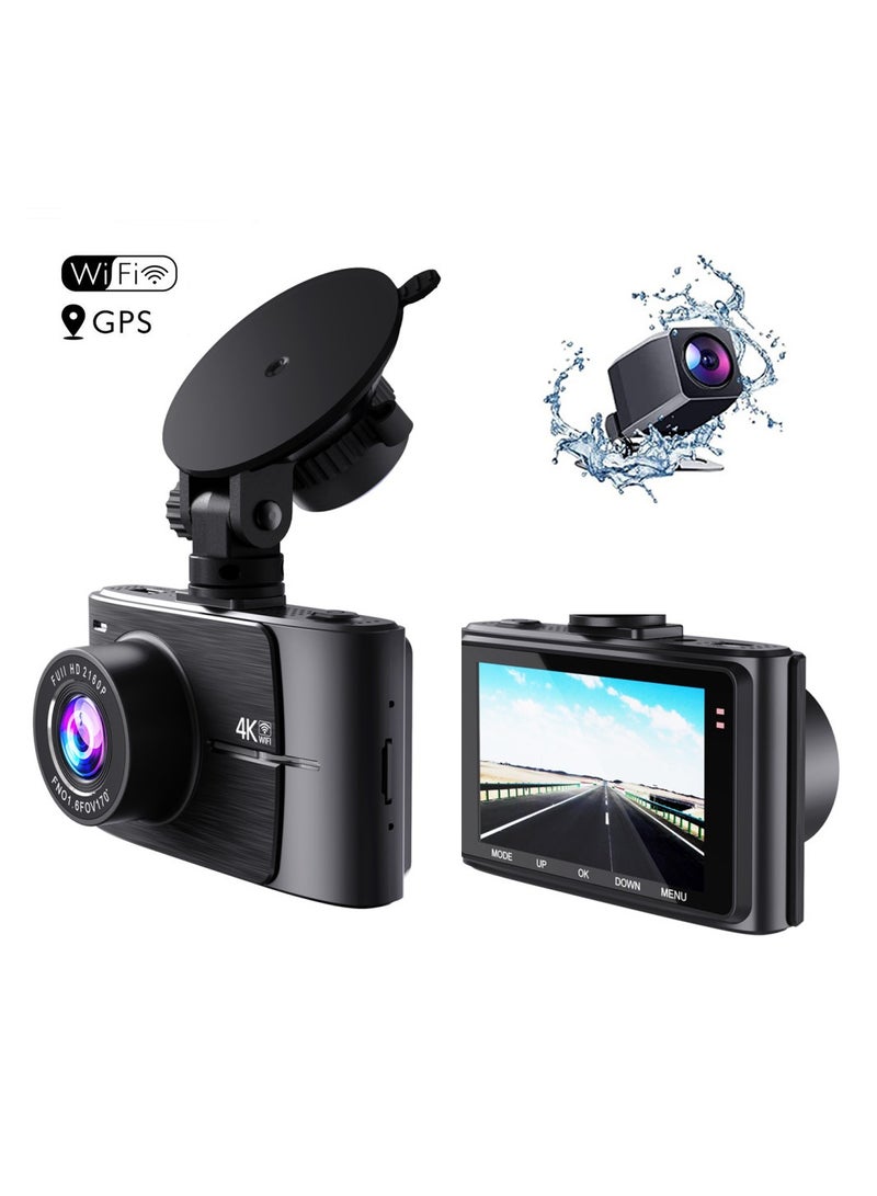 4K Dash Cam 2160P Built-in GPS/WiFi Dual Dash Cam for Car, 24H Parking Auto Drive Vehicle Video Recorder Car Registrar Dual Lens