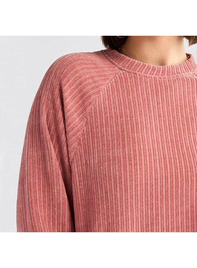 Textured Round Neck Sweatshirt with Raglan Sleeves