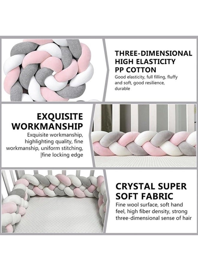 Baby Braided Crib Bumper,3 Strand Braided Pillows Anti-Collision Bed Rail,Braid Pillows Cushion,Cotton Soft Knot Pillow Baby Bed Cushion Protector Baby Bumpers(White+Pink+Gray)