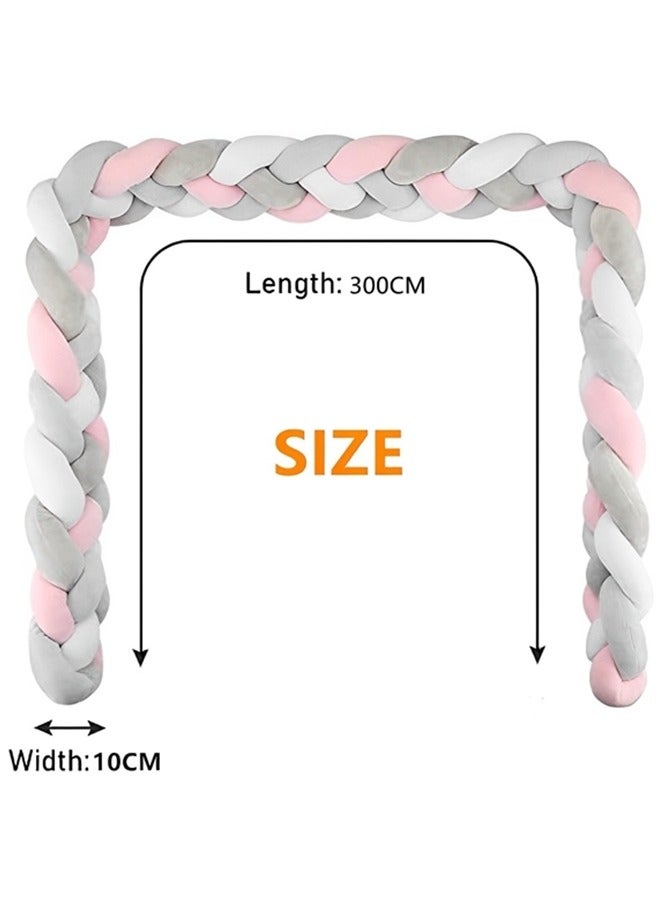 Baby Braided Crib Bumper,3 Strand Braided Pillows Anti-Collision Bed Rail,Braid Pillows Cushion,Cotton Soft Knot Pillow Baby Bed Cushion Protector Baby Bumpers(White+Pink+Gray)