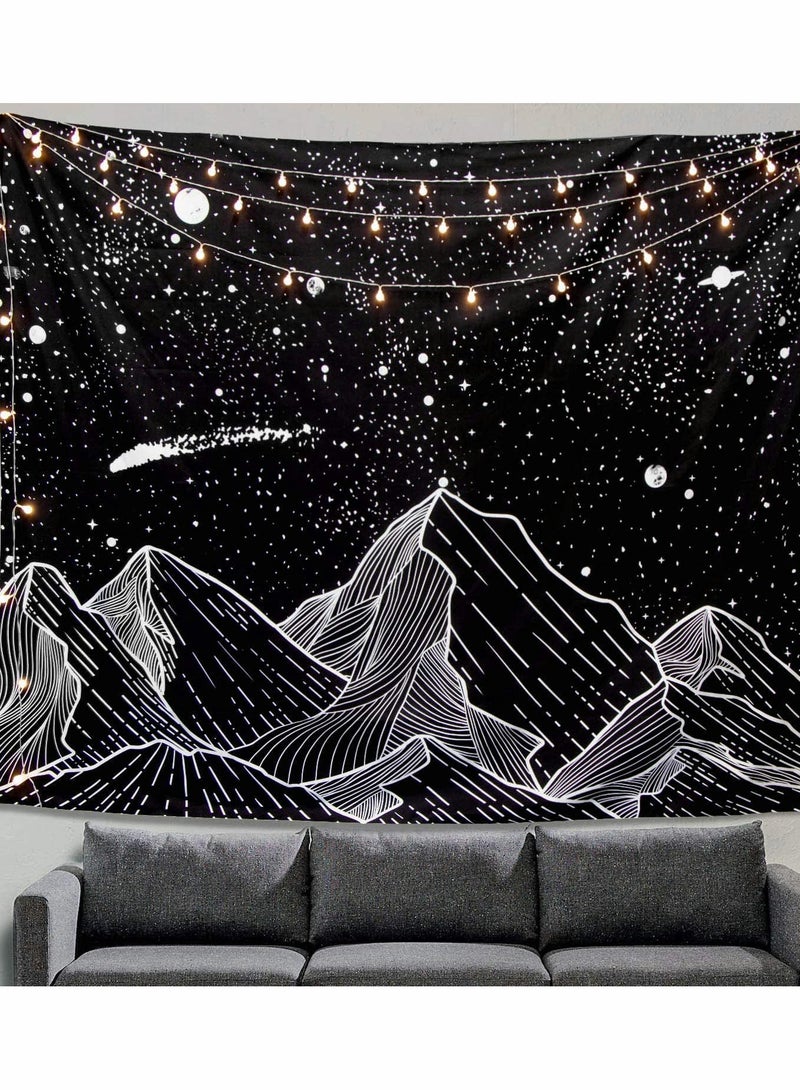 Mountain Moon Tapestry Wall Hanging, Black and White Nature Starry Night Sky Stars Tapestry with Meteor and Galaxy Bedroom Home Wall Decor Printed Tapestry (50 Inch x 60 Inch)