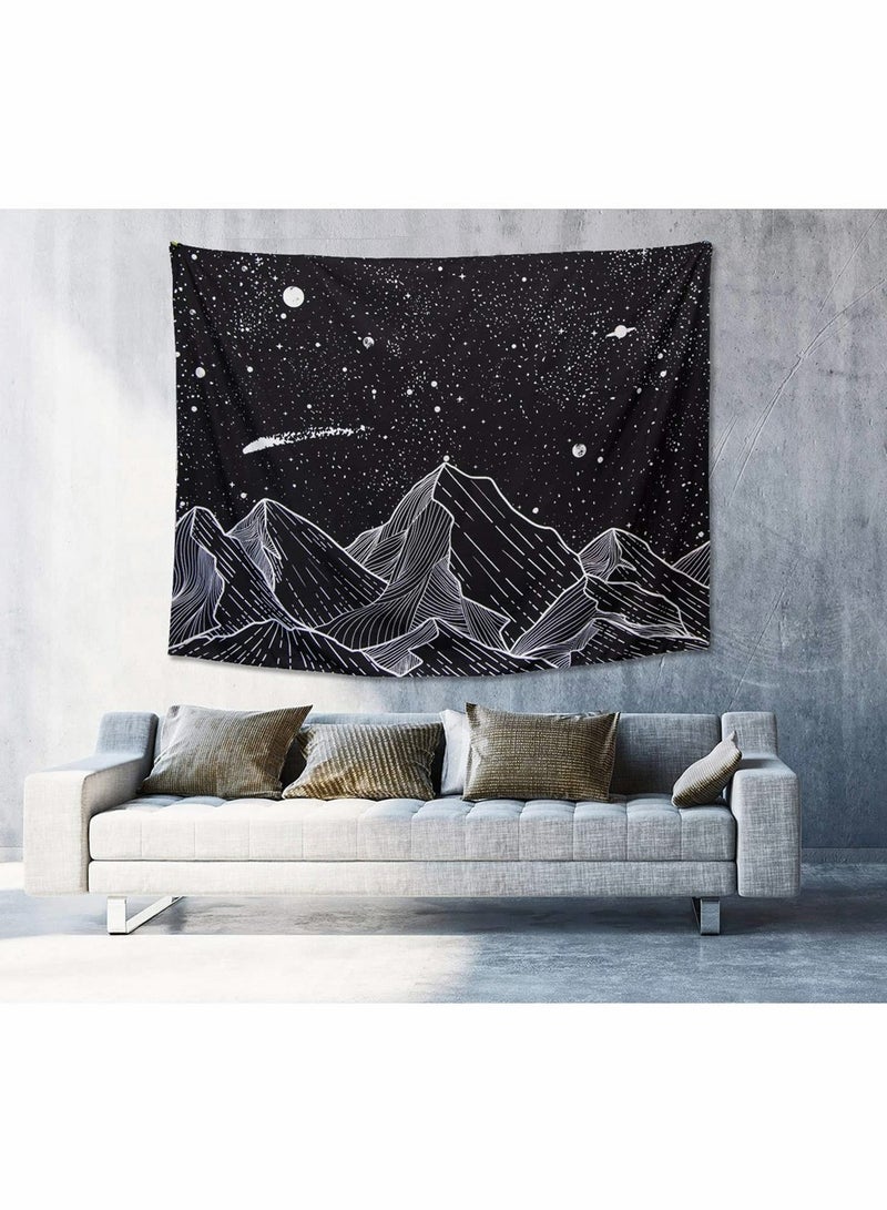 Mountain Moon Tapestry Wall Hanging, Black and White Nature Starry Night Sky Stars Tapestry with Meteor and Galaxy Bedroom Home Wall Decor Printed Tapestry (50 Inch x 60 Inch)