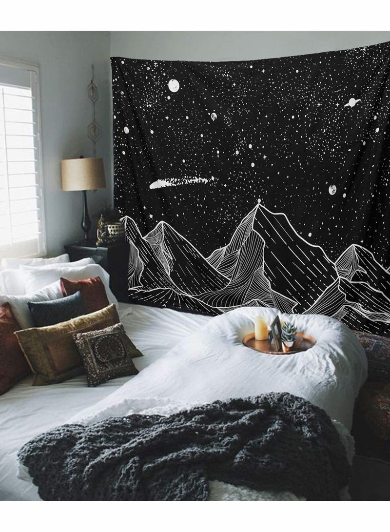 Mountain Moon Tapestry Wall Hanging, Black and White Nature Starry Night Sky Stars Tapestry with Meteor and Galaxy Bedroom Home Wall Decor Printed Tapestry (50 Inch x 60 Inch)