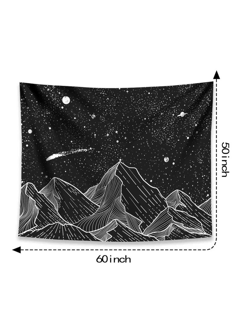 Mountain Moon Tapestry Wall Hanging, Black and White Nature Starry Night Sky Stars Tapestry with Meteor and Galaxy Bedroom Home Wall Decor Printed Tapestry (50 Inch x 60 Inch)