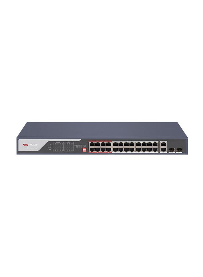 24 Port Fast Ethernet Unmanaged POE Switch, 2410/100 Mbps PoE Port, 2Gigabit RJ45 Port, 2*Gigabit Fiber Optical Port, 300m Long Range PoE, 6KV Surge Protection, 8.8Gbps Switching Capacity, 4 Mbits, Metal, Blue | DS-3E0326P-E(C) Blue