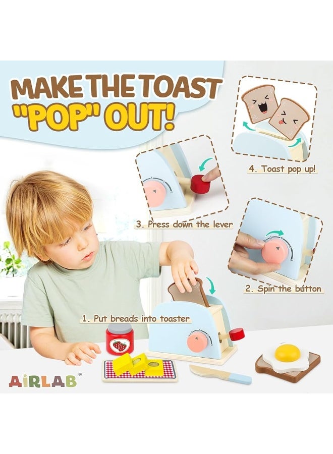 Airlab Play Kitchen Accessories Toddlers 1-3 Wooden Pop-up Toaster Toy Play Food Kids Age 1 2 3, Bread, Butter, Poached Egg Cutting Pretend Toys for 2-4 Year Old Toddlers Boys Girls