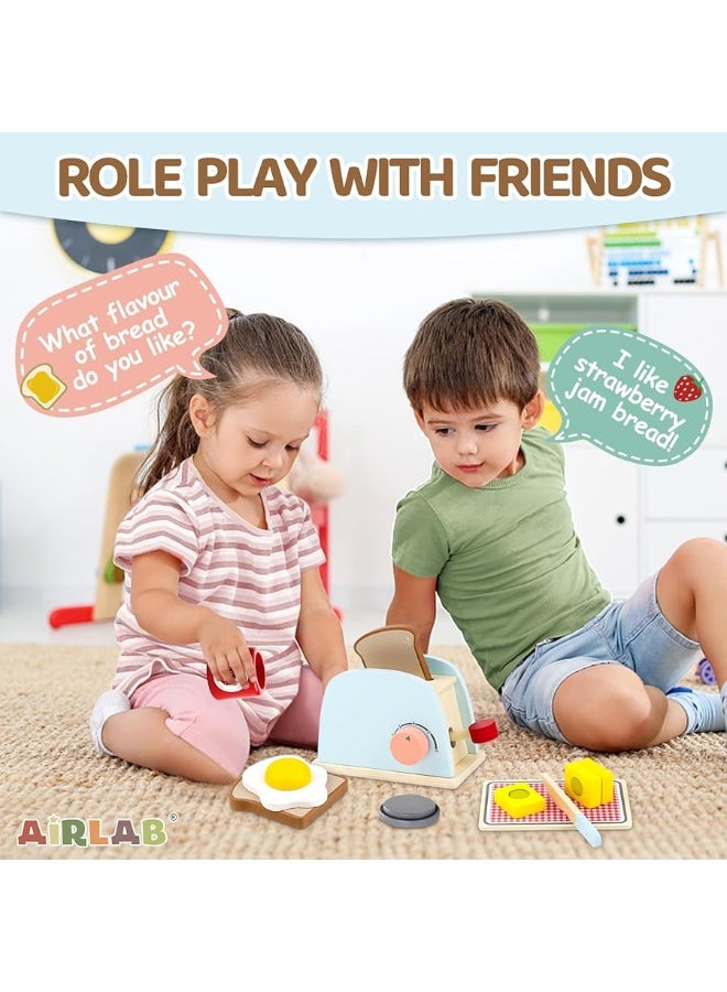 Airlab Play Kitchen Accessories Toddlers 1-3 Wooden Pop-up Toaster Toy Play Food Kids Age 1 2 3, Bread, Butter, Poached Egg Cutting Pretend Toys for 2-4 Year Old Toddlers Boys Girls
