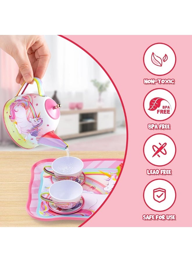 JOYIN Unicorn Tea Set for Toddlers Tea Party Set for Children Kids Pretend Role Play Tin Teapot Set with Cups, Plates and Carrying Case Kitchen Toy for Little Girls Birthday Gifts Age 3 4 5 6