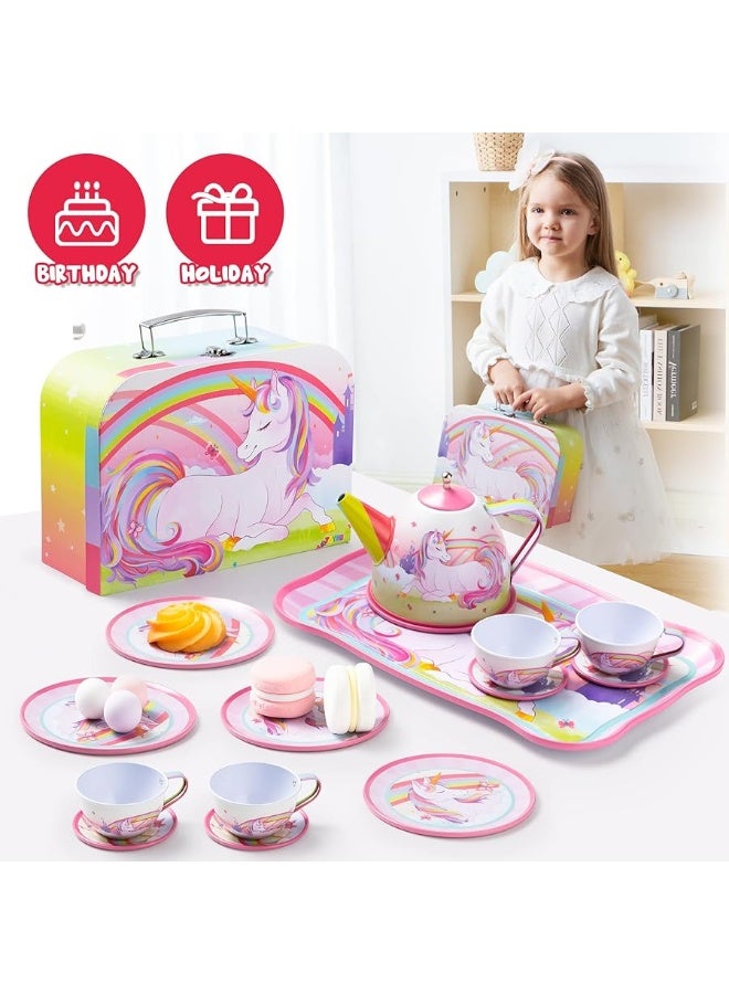 JOYIN Unicorn Tea Set for Toddlers Tea Party Set for Children Kids Pretend Role Play Tin Teapot Set with Cups, Plates and Carrying Case Kitchen Toy for Little Girls Birthday Gifts Age 3 4 5 6