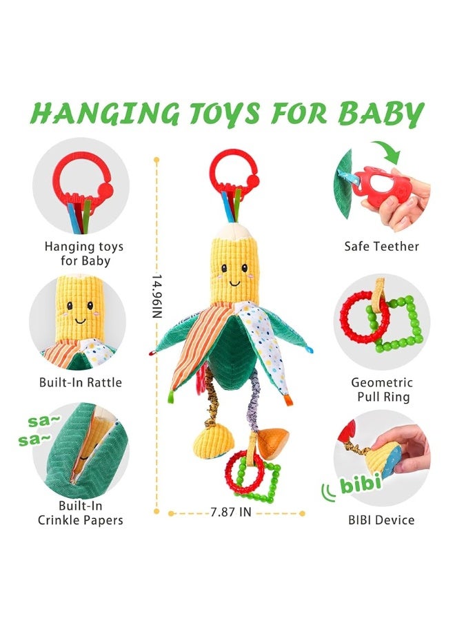Jollybaby Hanging Rattle Toys for Car Seat Crib and Stroller, Vegetable Plush Sensory Toys for Travel with Ring Bell Crinkle BiBi Squeaky and Teether for Boys Girls Gift(Corn)