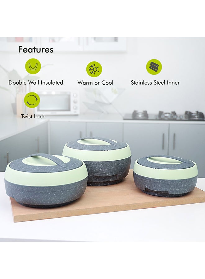 Royalford RF9731 3Pcs 1.5L, 2.5L & 3.5L Cosmos Insulated Casserole Set | Super PU Insulation Hot Pot with Stainless Steel Inner Casing | Dishwasher Safe | Serving Dishes with Lids | Hot Food Storage Container & Warmers Grey & Light Green 1.5,2.5,3.5Liters