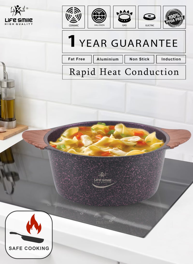 24cm (4.4 Liter) LIFE SMILE Cooking Pot | Granite Soup Pot With Glass Lid | Induction Base | Multi Layer Non-Stick Coating 100% PFOA Free | oven safe & Bakelite Handle