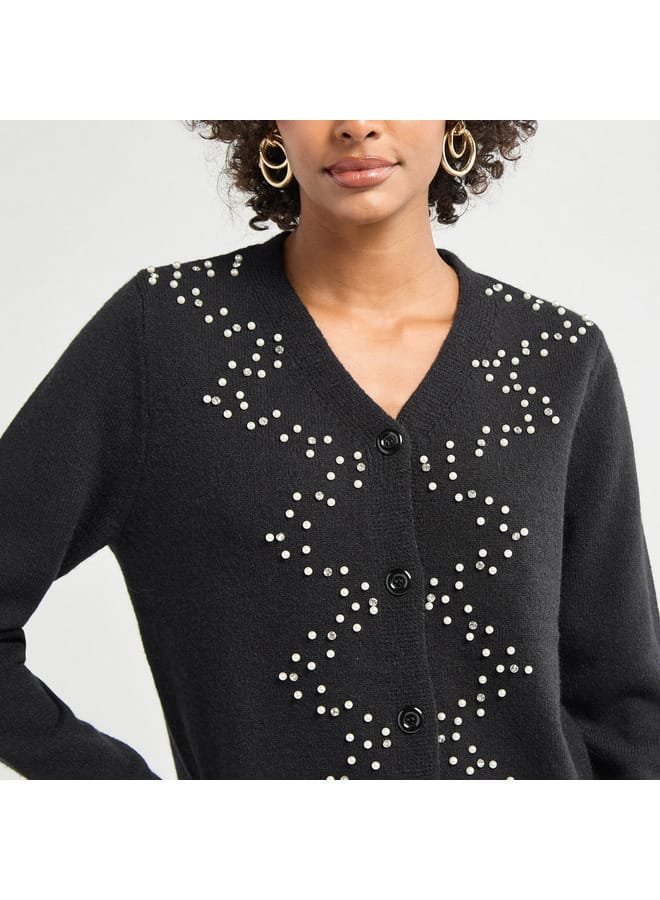 Embellished Button Through Cardigan with Long Sleeves