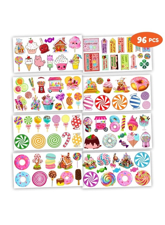 96 PCS Cute Candyland Candy Land Temporary Tattoos Theme Birthday Party Decorations Supplies Favors Decor Stickers Tattoo Gifts for Kids Girl Boys Games School Rewards Prizes Christmas Xmas Carnival