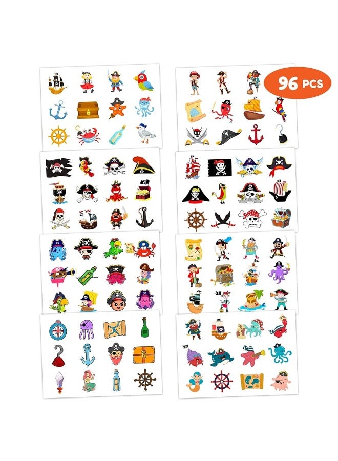 Pirate Temporary Tattoos Birthday Themed Party Supplies Decorations Favors 8 Sheets 96PCS Decor Cute Stickers Tattoos for Class School Prizes Gift for Kids Boys Girls Carnival Christmas Rewards