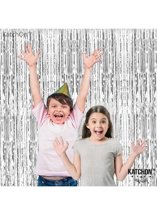 KatchOn, XtraLarge Silver Backdrop Curtain - 3.2x8 Feet, Pack of 2, Silver Streamers Backdrop | Silver Fringe Backdrop for Prom Decorations 2024 | Silver Streamer Backdrop for Silver Party Decorations