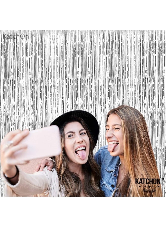 KatchOn, XtraLarge Silver Backdrop Curtain - 3.2x8 Feet, Pack of 2, Silver Streamers Backdrop | Silver Fringe Backdrop for Prom Decorations 2024 | Silver Streamer Backdrop for Silver Party Decorations