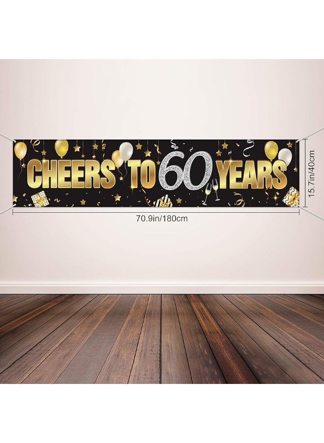 Cheers to 60 Years 60th Birthday Banner Decorations for Men Women Happy 60th Birthday Banner Birthday Party Supplies Black Gold Backdrop for 60th Birthday Decor (70.9 x 15.7 Inch)