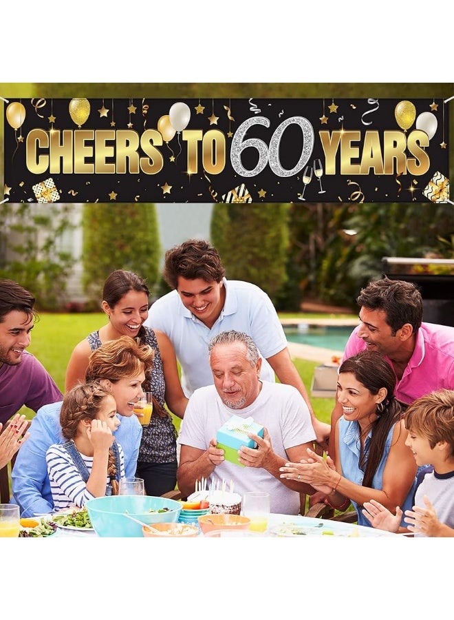 Cheers to 60 Years 60th Birthday Banner Decorations for Men Women Happy 60th Birthday Banner Birthday Party Supplies Black Gold Backdrop for 60th Birthday Decor (70.9 x 15.7 Inch)