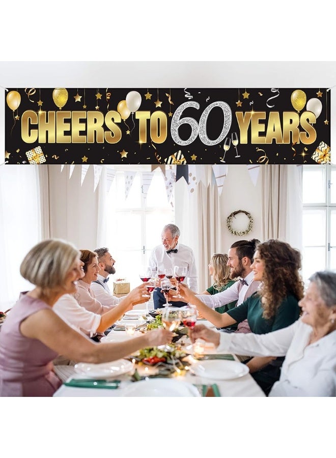 Cheers to 60 Years 60th Birthday Banner Decorations for Men Women Happy 60th Birthday Banner Birthday Party Supplies Black Gold Backdrop for 60th Birthday Decor (70.9 x 15.7 Inch)