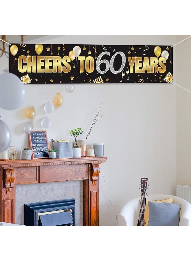 Cheers to 60 Years 60th Birthday Banner Decorations for Men Women Happy 60th Birthday Banner Birthday Party Supplies Black Gold Backdrop for 60th Birthday Decor (70.9 x 15.7 Inch)