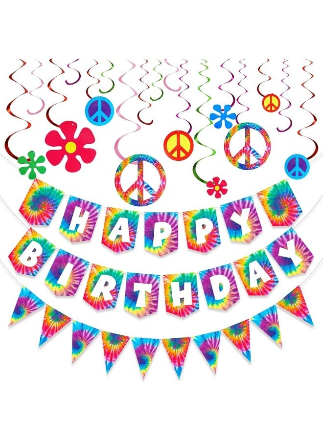15 Pieces Tie Dye Party Happy Birthday Banner Pennant Banner and 60's Hippie Theme Party Foil Swirl Decor for Tie Dye Party Art Classic 60s 70s Theme Hippie Carnival Party Baby Shower Birthday Party