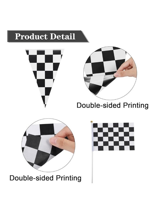 Racing Car Party Decorations Supplies 6.6 x 2 Ft Long Racetrack Floor Running Mat, 6.6 Feet Checkered Racing Pennant Banner, 10 Pcs Checked Race Flags with Stick for Birthday Race Car Party Decors
