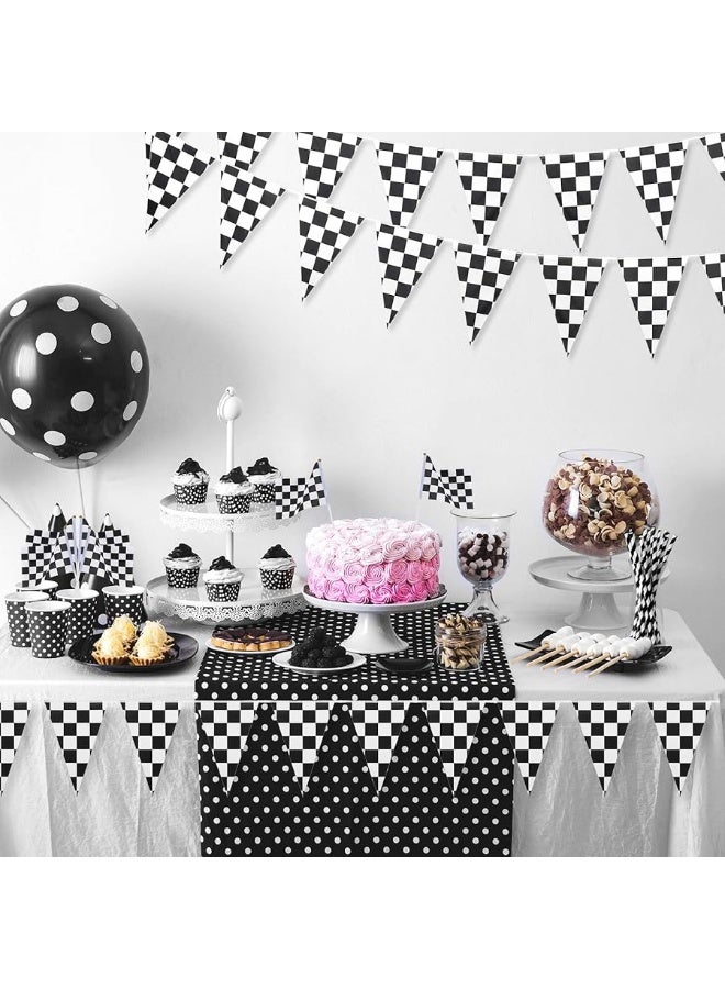 Racing Car Party Decorations Supplies 6.6 x 2 Ft Long Racetrack Floor Running Mat, 6.6 Feet Checkered Racing Pennant Banner, 10 Pcs Checked Race Flags with Stick for Birthday Race Car Party Decors