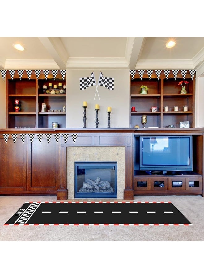 Racing Car Party Decorations Supplies 6.6 x 2 Ft Long Racetrack Floor Running Mat, 6.6 Feet Checkered Racing Pennant Banner, 10 Pcs Checked Race Flags with Stick for Birthday Race Car Party Decors