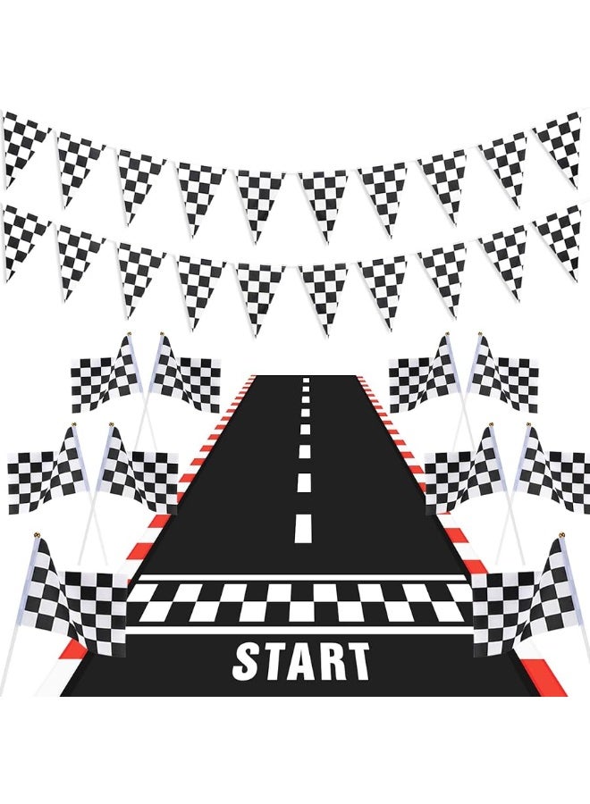 Racing Car Party Decorations Supplies 6.6 x 2 Ft Long Racetrack Floor Running Mat, 6.6 Feet Checkered Racing Pennant Banner, 10 Pcs Checked Race Flags with Stick for Birthday Race Car Party Decors