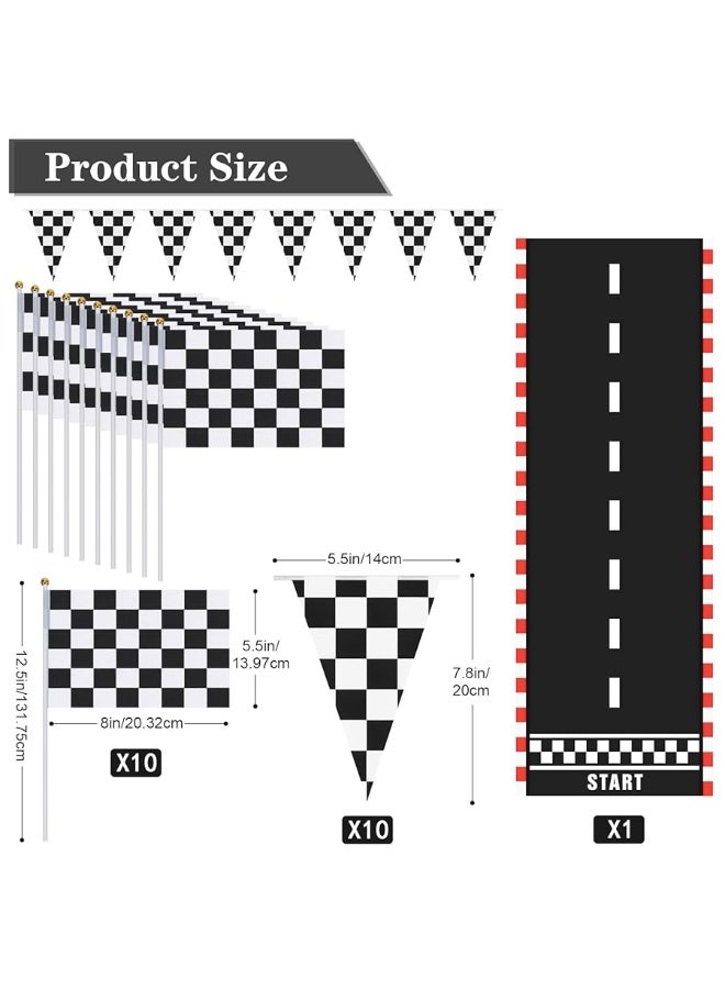 Racing Car Party Decorations Supplies 6.6 x 2 Ft Long Racetrack Floor Running Mat, 6.6 Feet Checkered Racing Pennant Banner, 10 Pcs Checked Race Flags with Stick for Birthday Race Car Party Decors
