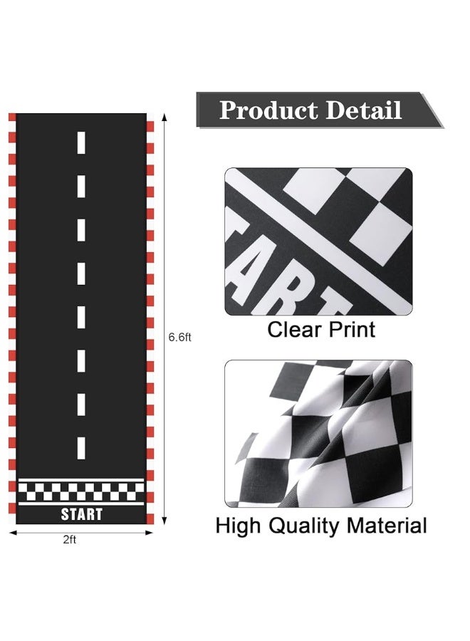 Racing Car Party Decorations Supplies 6.6 x 2 Ft Long Racetrack Floor Running Mat, 6.6 Feet Checkered Racing Pennant Banner, 10 Pcs Checked Race Flags with Stick for Birthday Race Car Party Decors